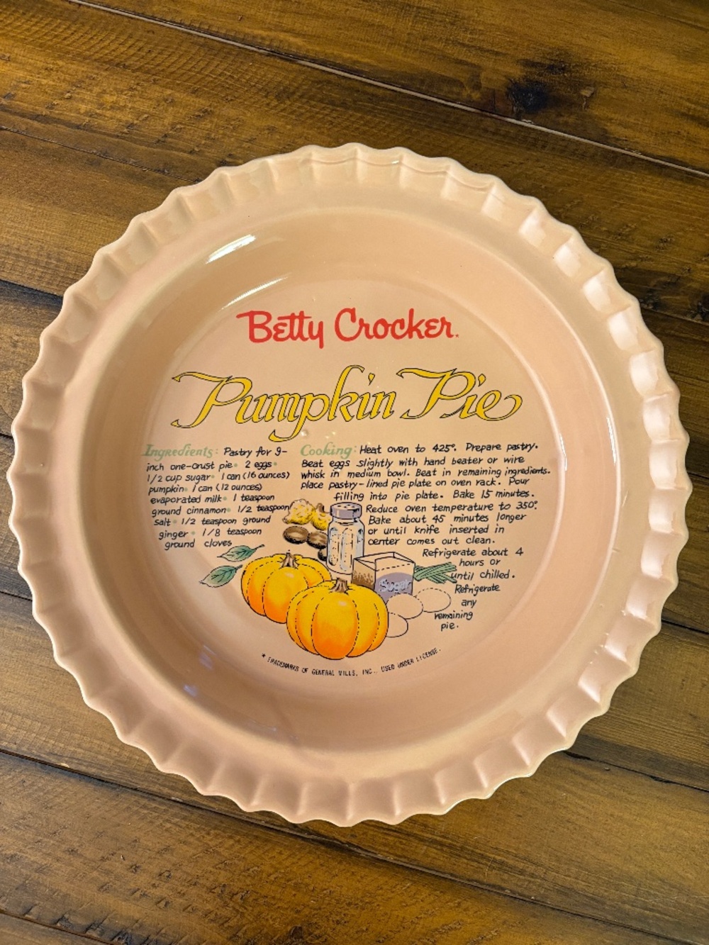 Vintage Betty Crocker 11" Ceramic Pumpkin Pie Recipe Deep Dish Pie Plate
